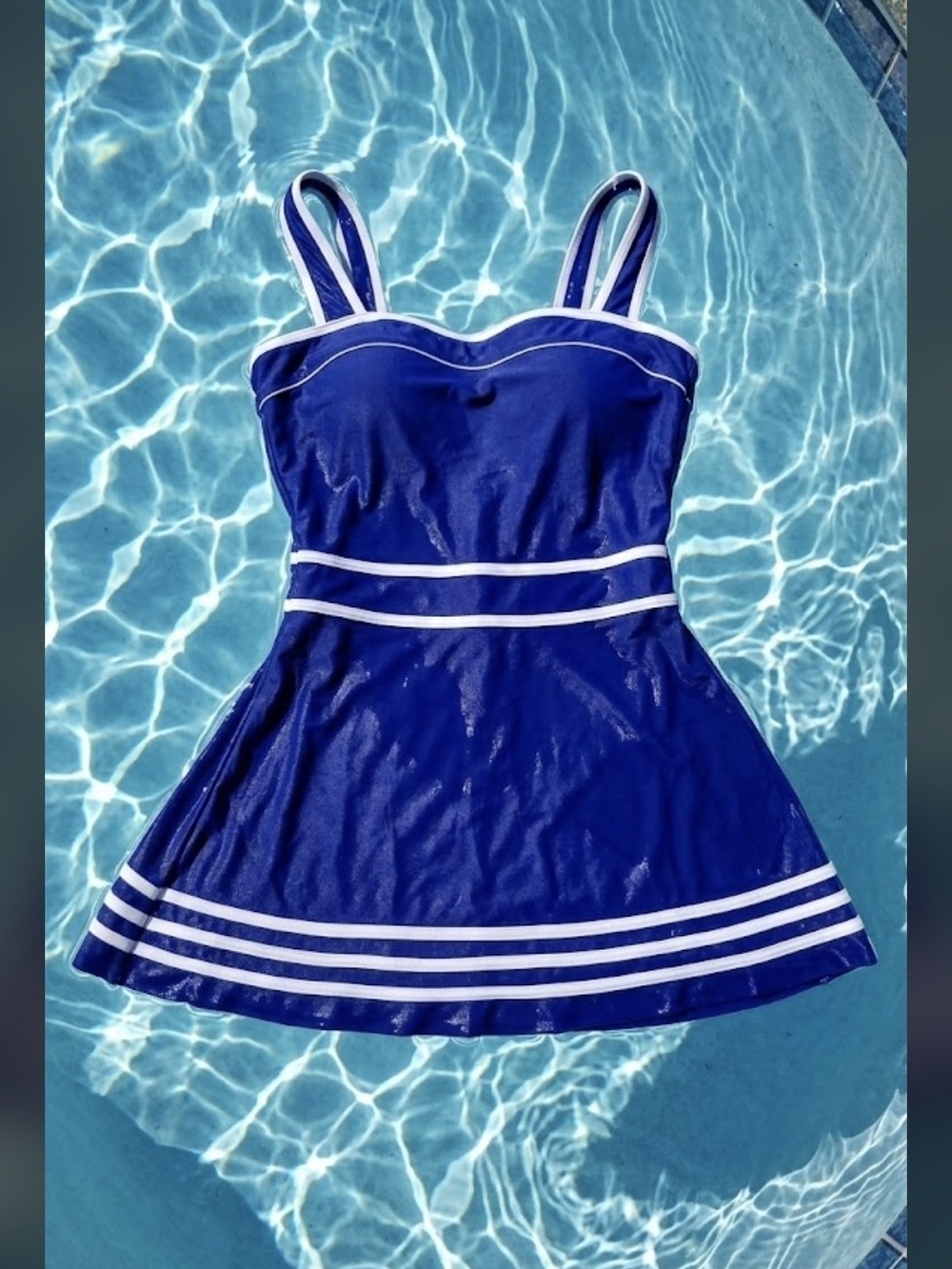 Navy Blue Striped Skirted One-Piece Swim Dress